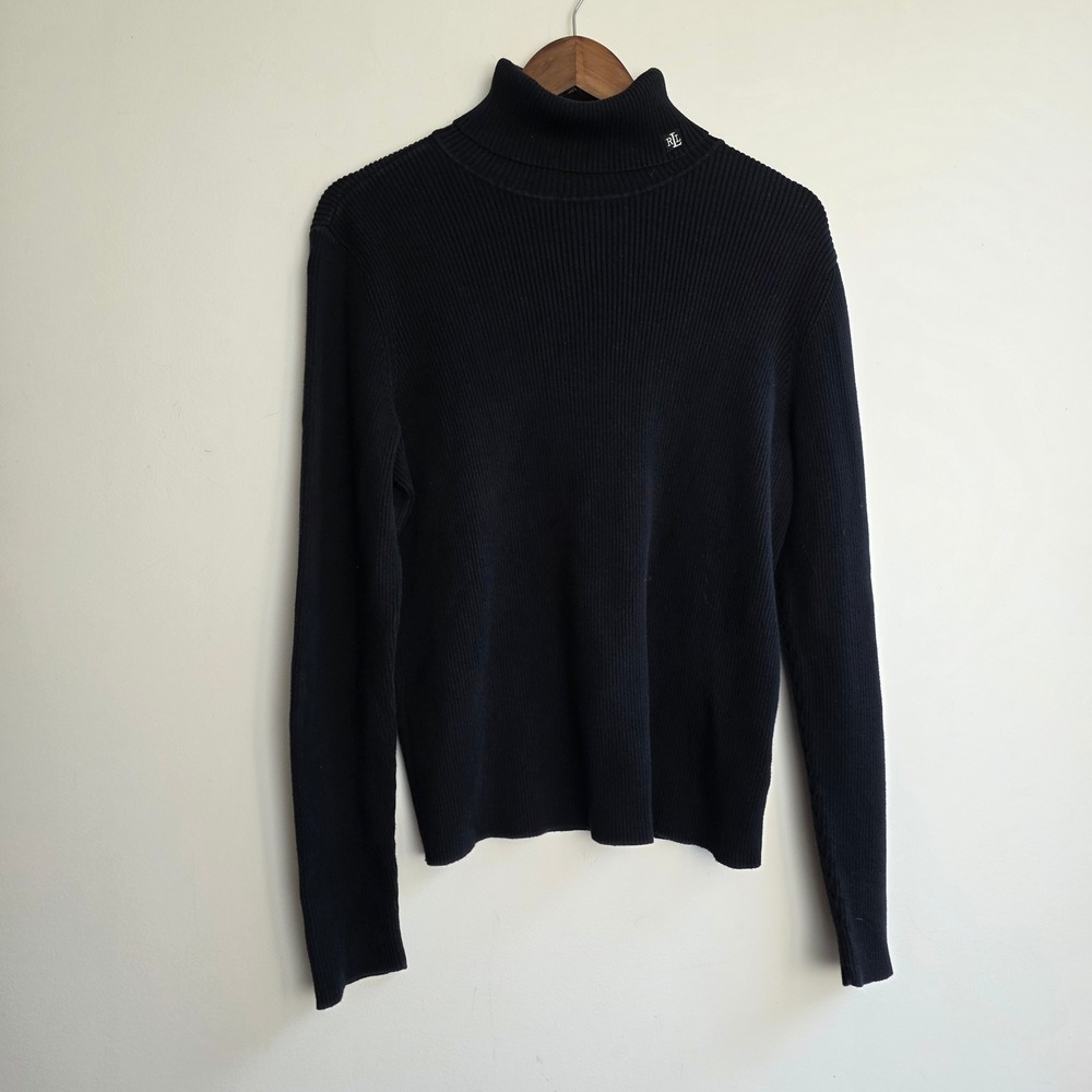 Vintage Lauren Ralph Lauren Black Ribbed Turtleneck Sweater LRL Logo Cotton L